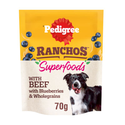 Pedigree Superfood dog treats beef blueberries 70g, imported from the UK
