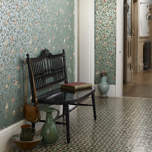 Morris & Co floral wallpaper green bird pomegranate, UK version
