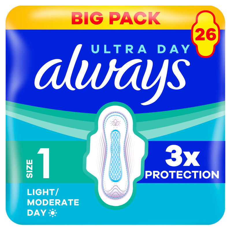 Always Ultra Sanitary Towels Light / Moderate Flow Day (Size 1) with Wings 26 pads - British product