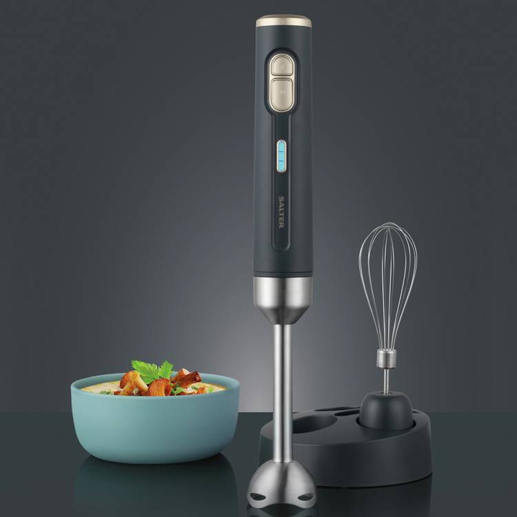 Salter grey cordless hand blender with stainless steel blades, imported from the UK