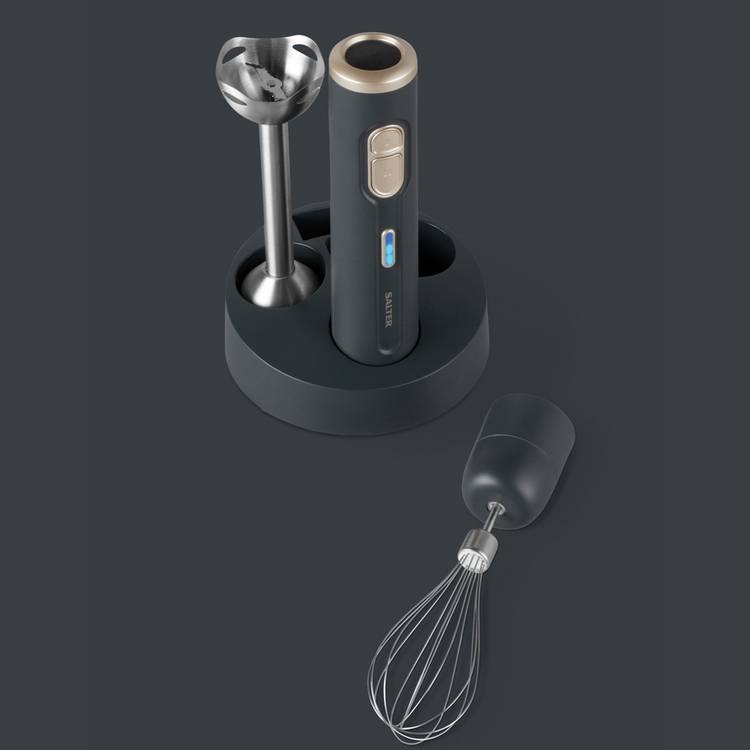 Salter grey cordless hand blender with stainless steel blades, imported from the UK