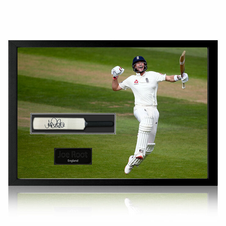 The Fan Cave Joe Root signed framed mini cricket bat 50x70cm, UK version