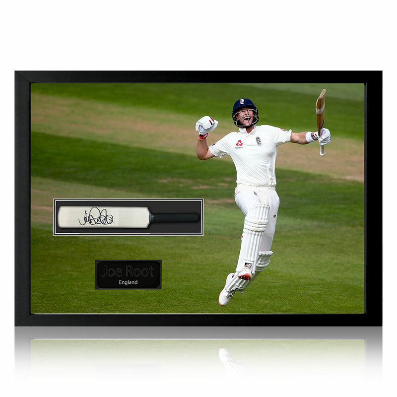 The Fan Cave Joe Root signed framed mini cricket bat 50x70cm, UK version