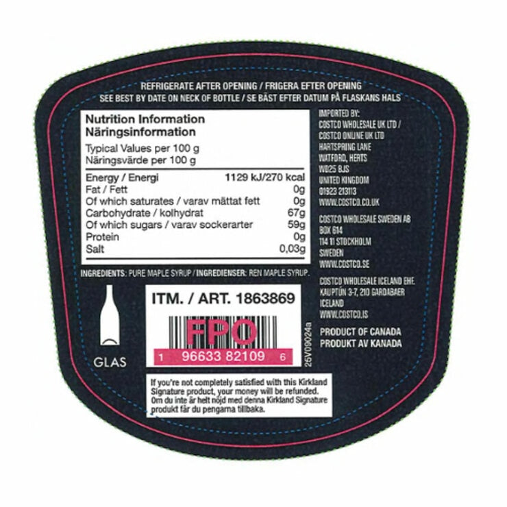 Kirkland Signature Grade A golden maple syrup 740ml, imported from the UK