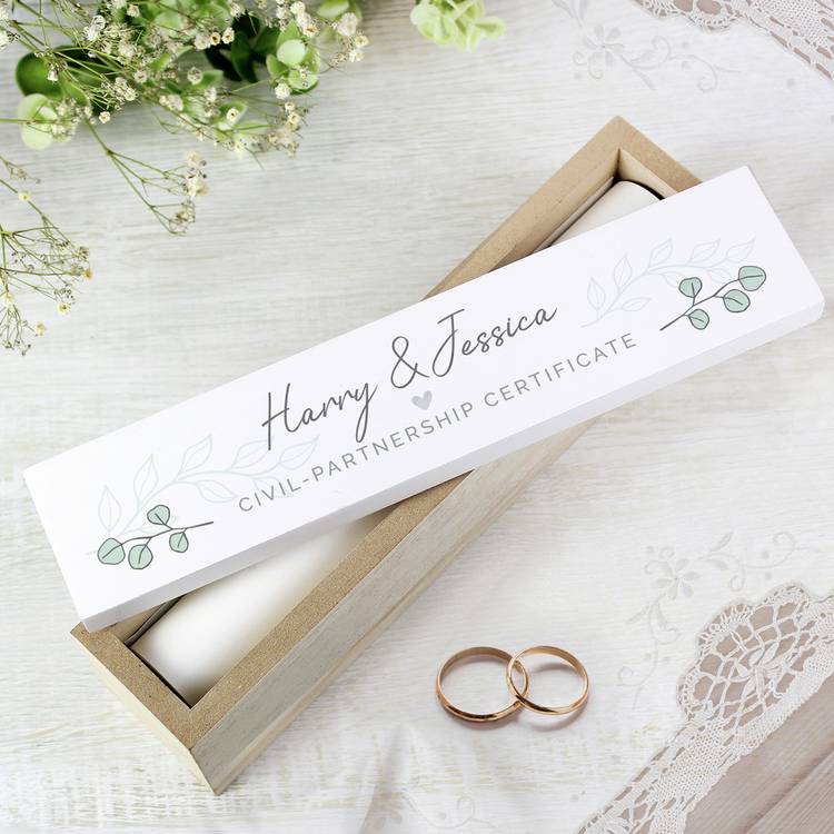 personalised eucalyptus wood certificate holder shabby chic design, UK version