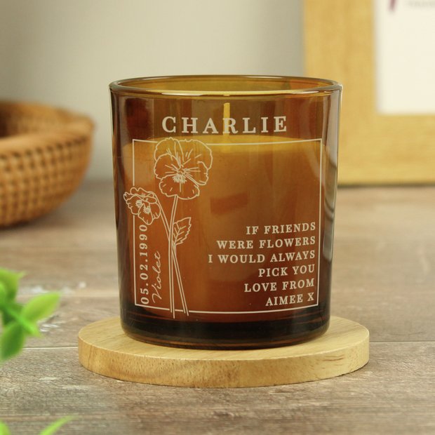 Personalised vanilla scented February birth candle in amber glass jar, UK version