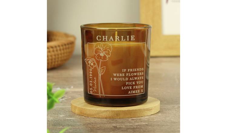 Personalised vanilla scented February birth candle in amber glass jar, UK version