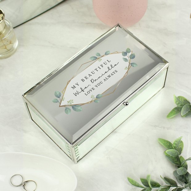 Personalised botanical jewellery box with mirrored finish, imported from the UK