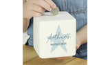 Personalised blue star ceramic money box, UK version