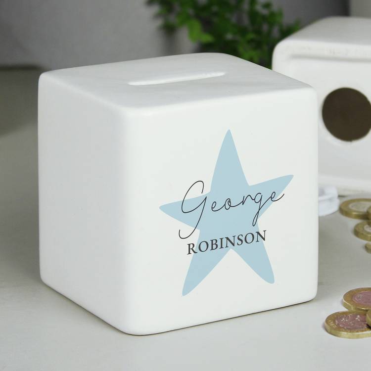 Personalised blue star ceramic money box, UK version