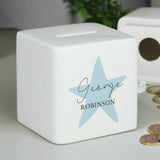 Personalised blue star ceramic money box, UK version
