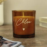 Personalised amber glass vanilla candle 8cm tall British brand