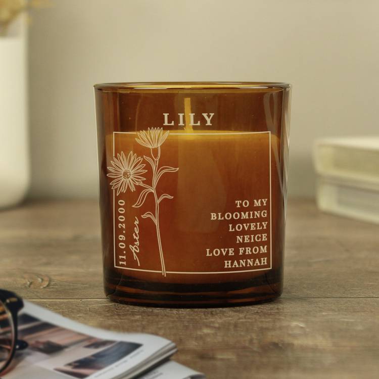 Personalised vanilla birthday candle in amber glass jar (British brand)
