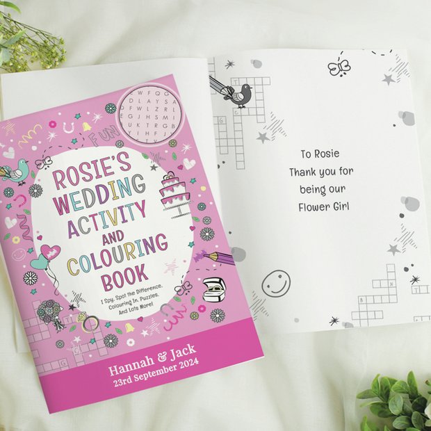 Personalised wedding activity book in pink, imported from the UK