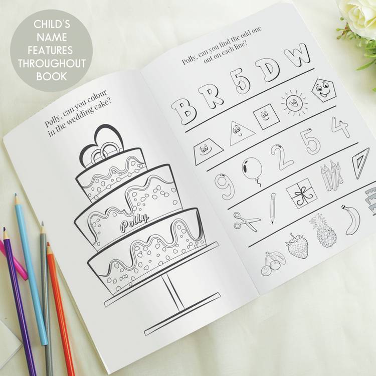 Personalised wedding activity book in pink, imported from the UK