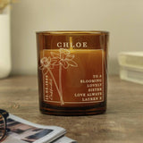Personalised March birth flower candle with vanilla scent in amber glass jar, UK version