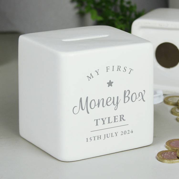 Personalised ceramic money box with name, 9cm (British brand)