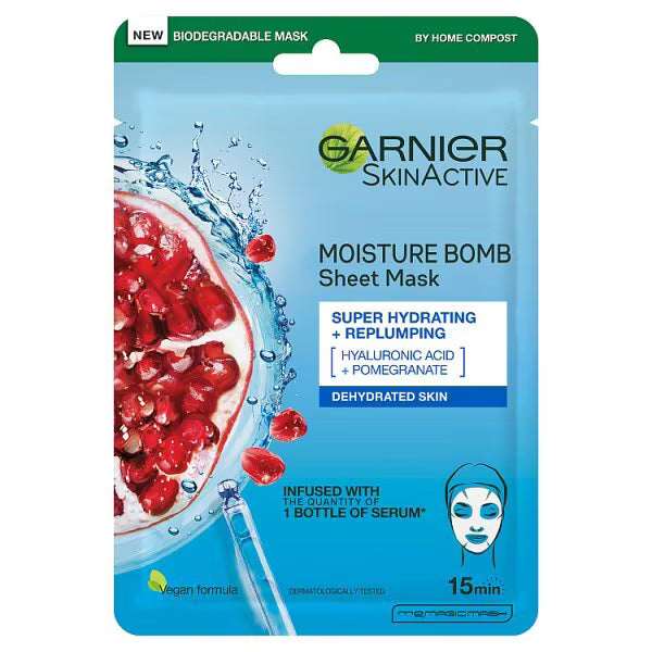 Garnier Moisture Bomb Pomegranate Hyaluronic Acid sheet mask 28g, UK version