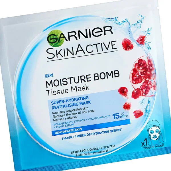 Garnier Moisture Bomb Pomegranate Hyaluronic Acid sheet mask 28g, UK version