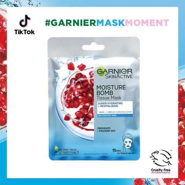 Garnier Moisture Bomb Pomegranate Hyaluronic Acid sheet mask 28g, UK version
