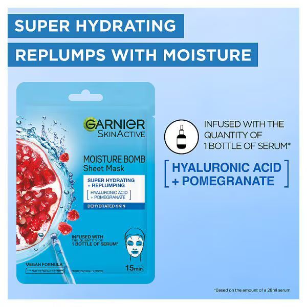 Garnier Moisture Bomb Pomegranate Hyaluronic Acid sheet mask 28g, UK version