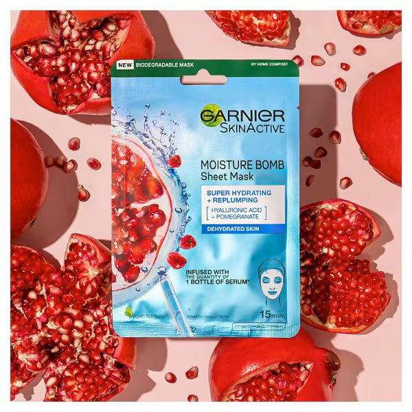 Garnier Moisture Bomb Pomegranate Hyaluronic Acid sheet mask 28g, UK version