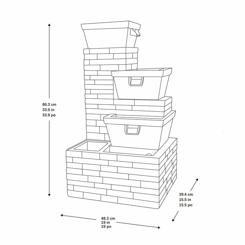Brick tiered outdoor fountain with warm LEDs 86cm (British brand)