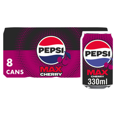 Pepsi Max cherry sugar-free cola 8x330ml cans, imported from the UK