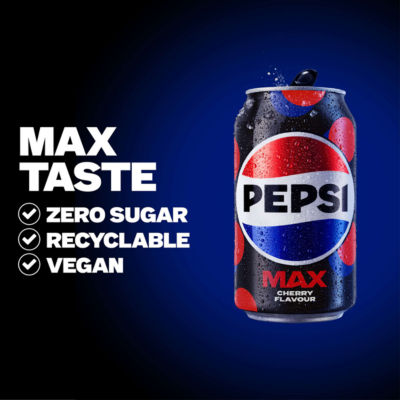Pepsi Max cherry sugar-free cola 24 x 330ml cans, imported from the UK