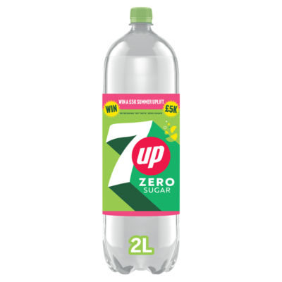 7UP Zero Sugar lemon lime soft drink 2 litre bottle, UK version