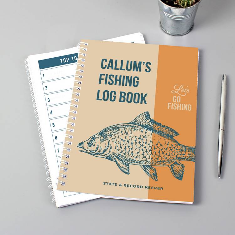 Personalised A5 fishing log book with custom name, imported from the UK