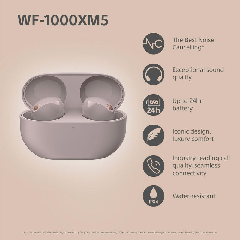 Sony WF1000XM5 true wireless earbuds in pink, imported from the UK