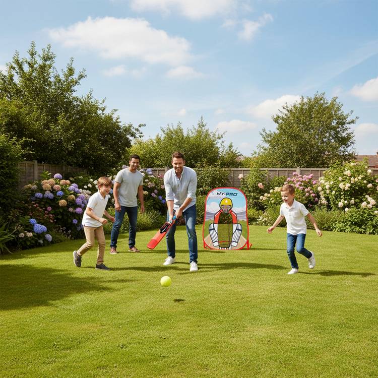 Hy-Pro pop-up cricket stump set with bat and ball, imported from the UK