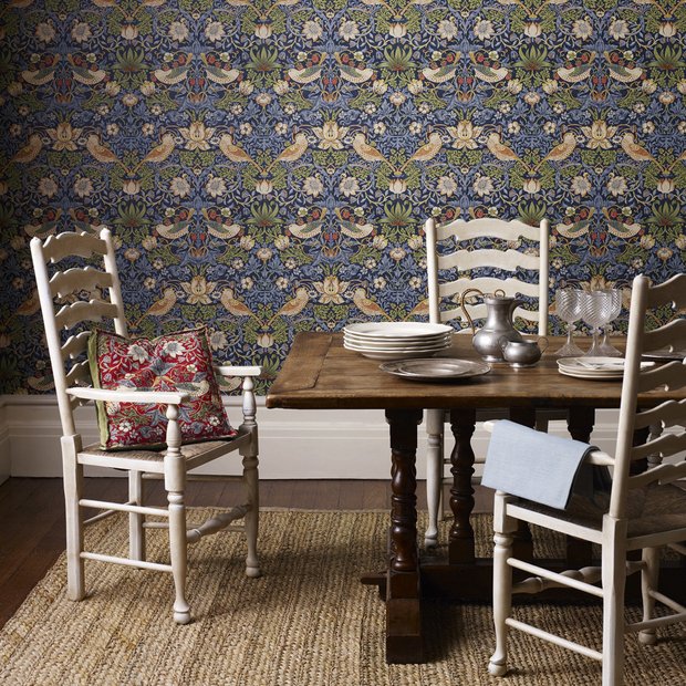 Morris & Co Strawberry Thief blue floral wallpaper (British brand)