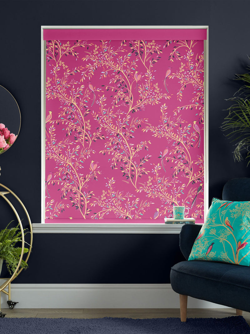 Sara Miller Fuchsia Pink Birds of Paradise roller blind, imported from the UK