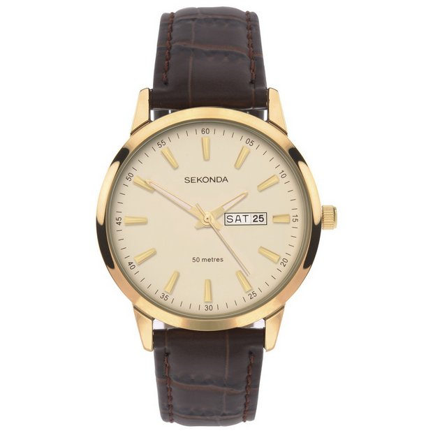 Sekonda men's gold plated watch brown leather strap, imported from the UK