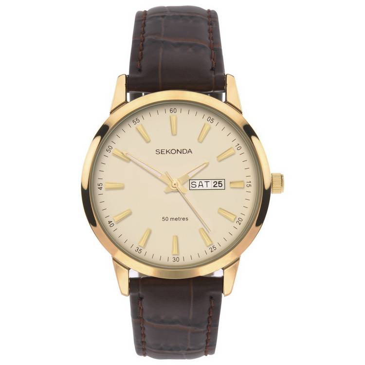 Sekonda men's gold plated watch brown leather strap, imported from the UK