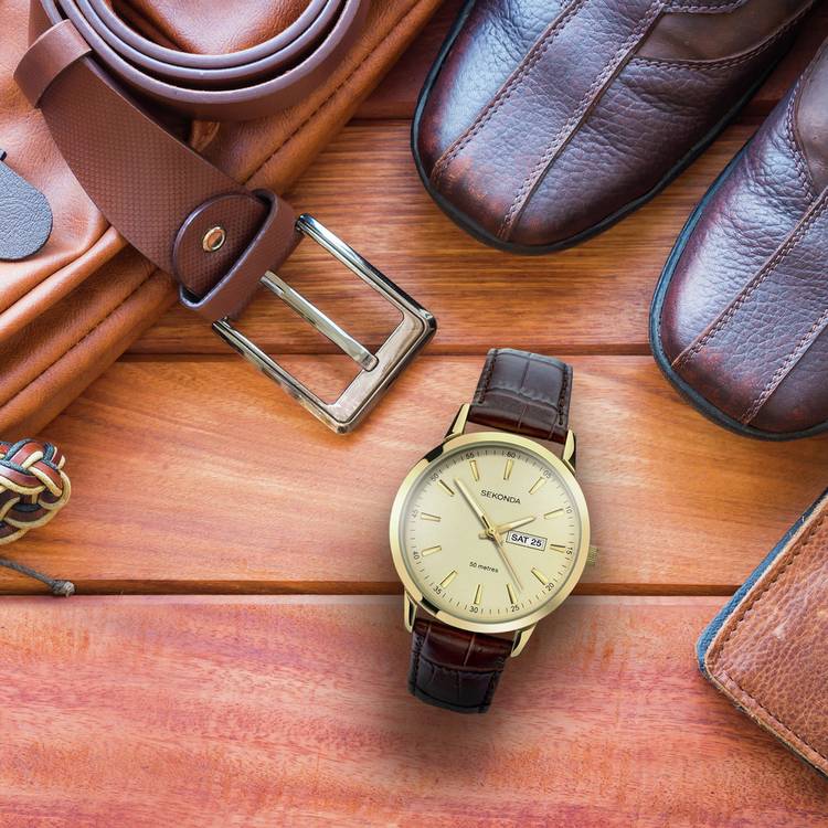 Sekonda men's gold plated watch brown leather strap, imported from the UK