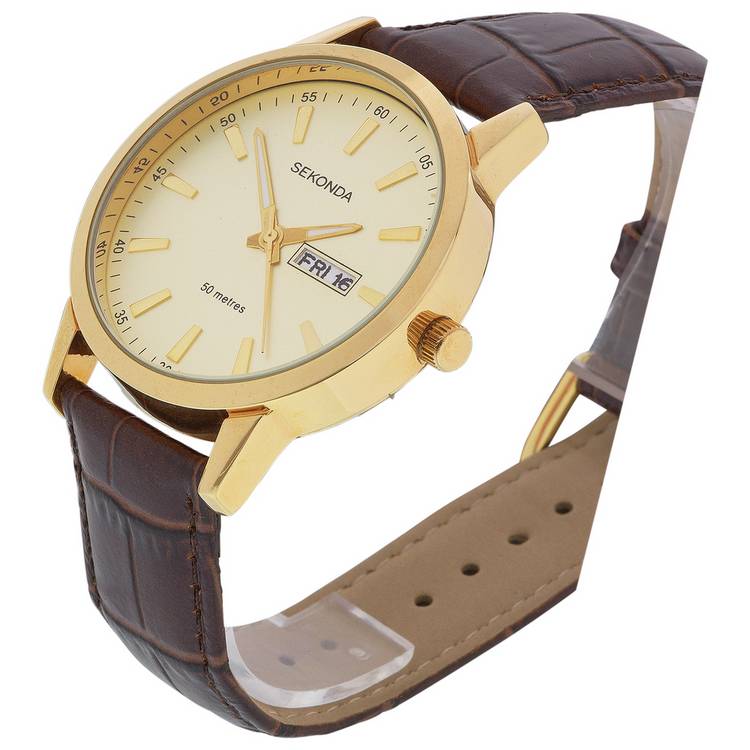 Sekonda men's gold plated watch brown leather strap, imported from the UK