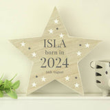 Personalised Born In wooden star ornament 18.5cm, UK version