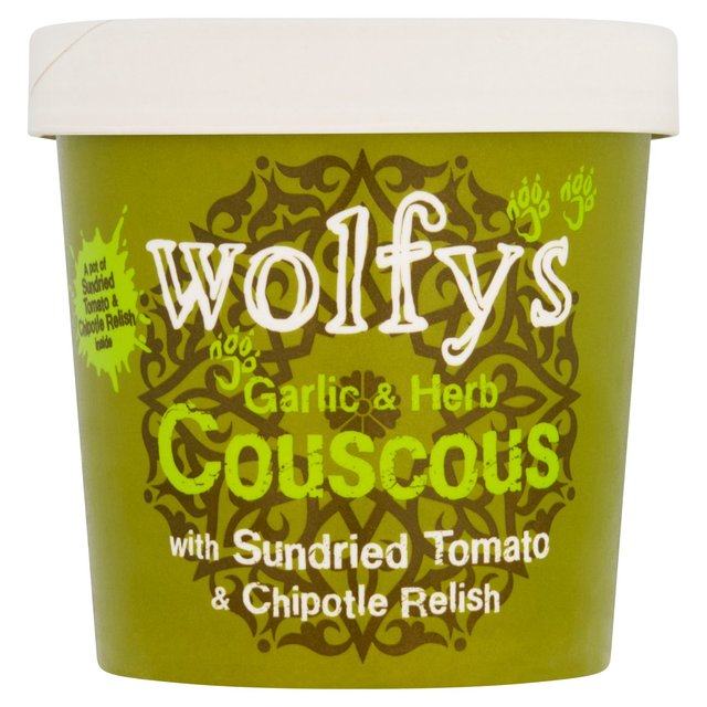 Wolfy's Garlic & Herb Couscous with Sundried Tomato & Chipotle Relish 96g GOODS M&S
