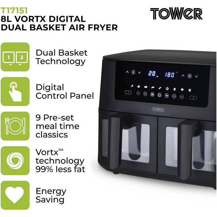 Tower dual basket air fryer 8L - British product