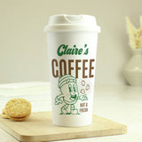 Personalised coffee travel mug 380ml with custom name (British brand)