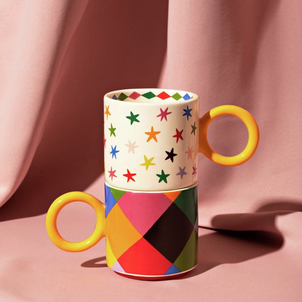 Raspberry Blossom stacking mugs with check and star patterns, 275ml, UK version