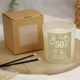 Personalised 50th anniversary candle vanilla scent paraffin wax burn time - British product
