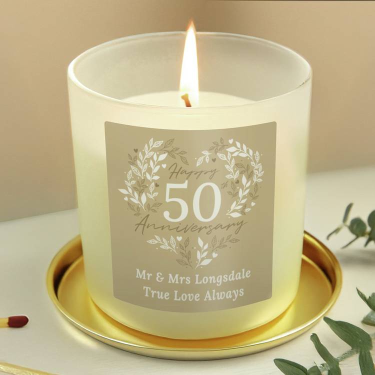 Personalised 50th anniversary candle vanilla scent paraffin wax burn time - British product