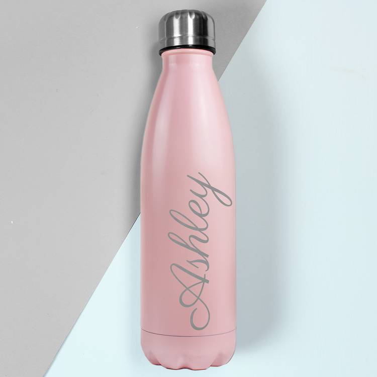 Personalised pink insulated water bottle 500ml, imported from the UK