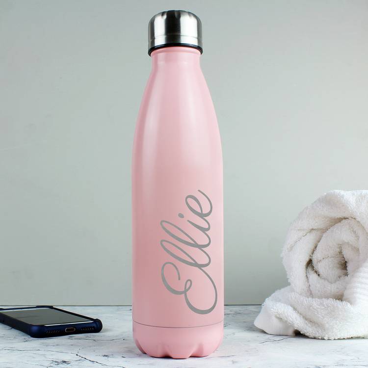 Personalised pink insulated water bottle 500ml, imported from the UK