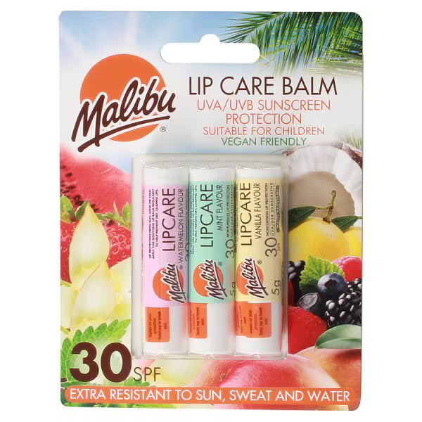 Malibu Lip Balm Triple Pack SPF30, imported from the UK
