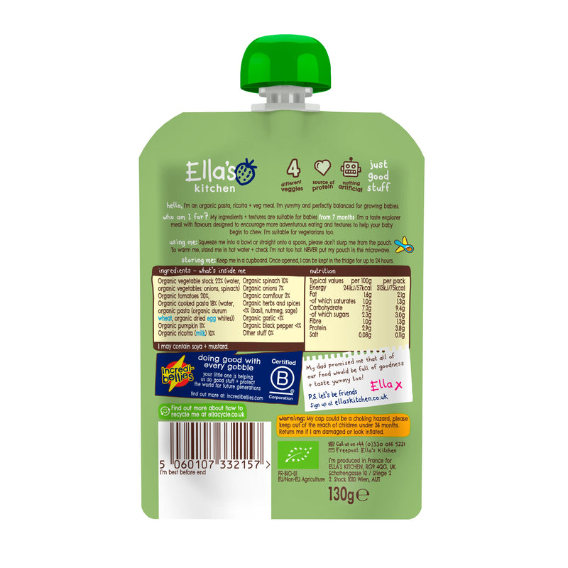 Ella's Kitchen organic spinach ricotta ravioli baby food pouch 130g - British product
